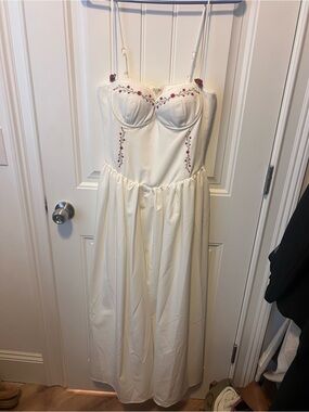 Runway The Label Ivory Embroidered Bustier Maxi Dress with Red Floral Detail